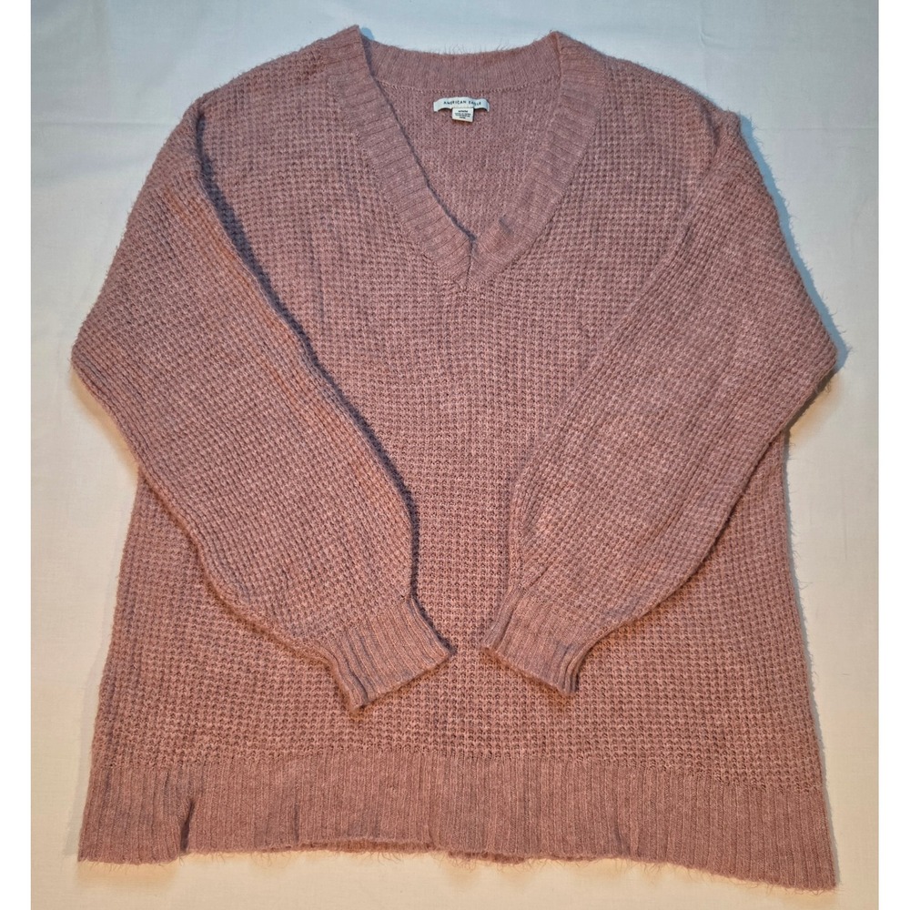 American Eagle Outfitters Womens Medium Pink Waffle Knit V-Neck Sweater Pullover